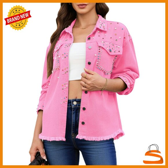 Jackets & Blazers - Oversized Denim Jacket with Rhinestones Pearls Frayed Hem Pockets